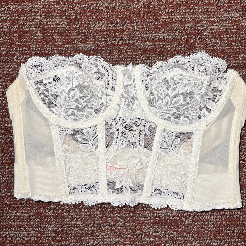 Fleur De Lace cream eyelet lace bustier sheer delicate lace vintage bra 36A - Picture 3 of 16